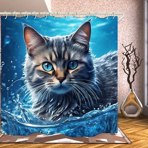 Image of LYFANS Bathroom with Sea Cat 3D Shower Curtains, Luxury Bathtub Standard Shower Curtain, Waterproof and Bright Fabric Shower Curtain Size (72x72 Inches)