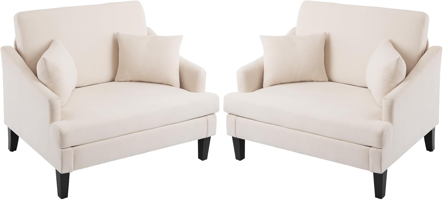 Bezseller Oversized Accent Chairs Set of 2, 41'' Wide Seat Comfy Armchair with 2 Pillows, Upholstered Big Reading Chair, Modern Single Sofa Chair for Living Room Bedroom Apartment Office, Beige