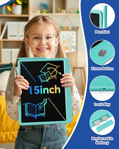 Image of Bravokids 15 Inch LCD Writing Tablet for 3 Year Olds - Electronic Drawing Pad and Doodle Board as Educational Birthday Gifts for Girls and Boys (Blue)