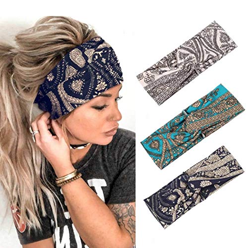 Reetan Boho Headbands Wide Criss Cross Hair Bands Elastic Sweat Headwear Floral Head Wraps Outdoor Head Accessories for Women and Girls（Pack of 3)