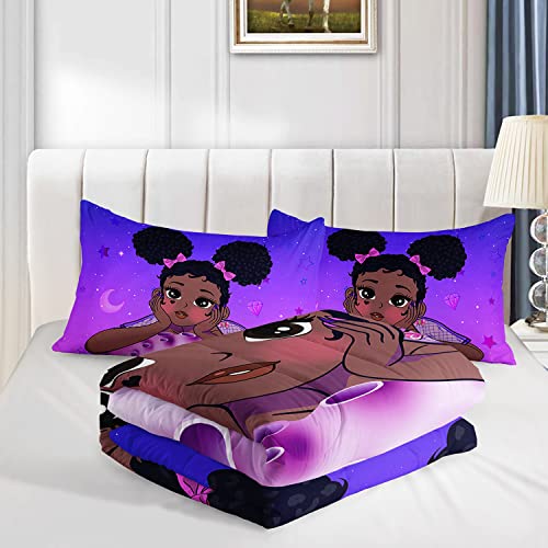 Hosima Black Girl Magic Comforter Set,African American Black Girl Comforter Set For Girls Teens,Black Hair Girls Purple Galaxy Bedding Set Queen Size,Kids Bedroom Decor With 2 Pillowcases. #TOP3