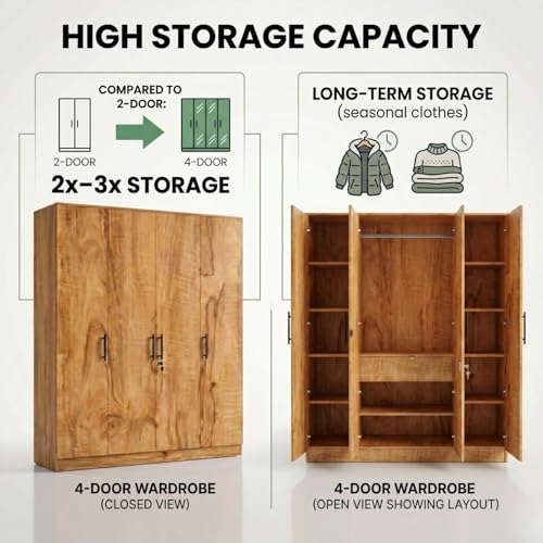 Image of FFO Kavisto 4 Door Wooden Wardrobe for Bedroom, Large Clothes Storage Cabinet with Hanging Space, Shelves, Drawer & Lock, Modern Wood Finish Almirah for Home, Bedroom & Living Room DIY.