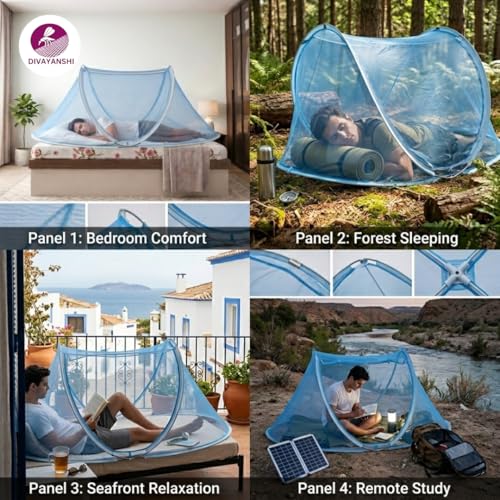 Image of Divayanshi Foldable Mosquito Net for Single Bed (3 * 6.5 ft) | Pop-Up Bed Tent with Zipper | Lightweight Polyester Mesh | Easy Folding & Washable | Insect & Mosquito Protection for Bedroom-Blue