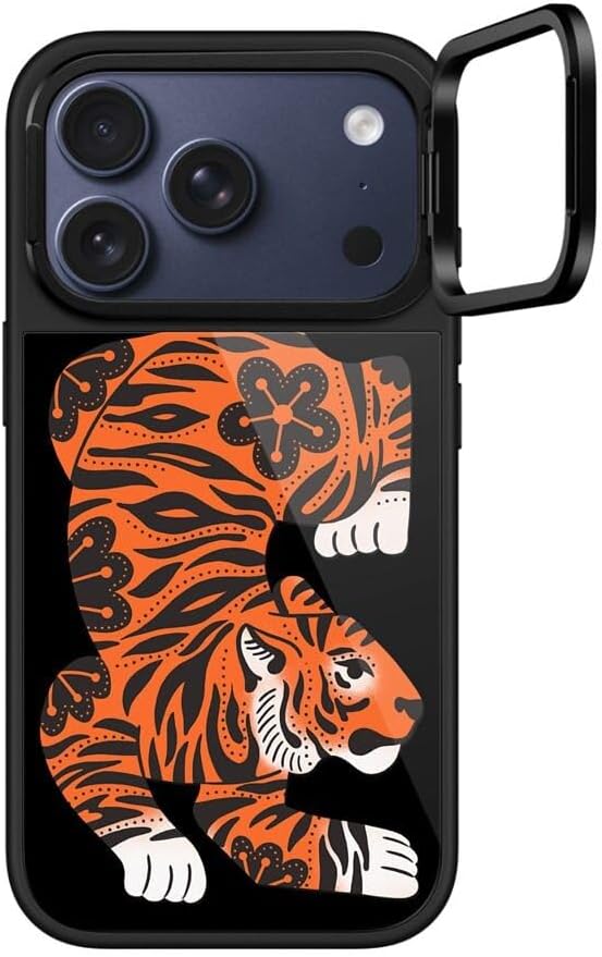 CASETiFY Glaze Ring Stand iPhone 17 Pro Case [Kickstand / 4.9 ft. 1X Military Grade Drop Protection/Compatible with Magsafe] - Fierce Tiger - Black