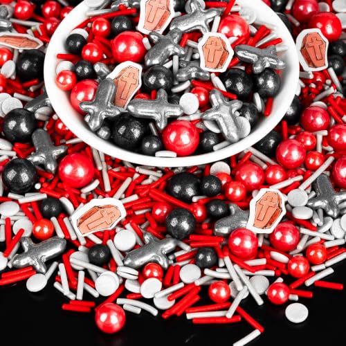 Image of Halloween Edible Sprinkles,Confetti Mix,130g Red Black Silver Sugar Sprinkles with Tombstone Shapes,Jimmies and Sugar Pearls,Food Grade Baking Toppings for Halloween Party,Cake,Cupcake,Cookie, ce Cream,Dessert Decoration