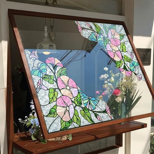 Window Stickers, Stained Glass Window Privacy Film, UV Blocking Static Cling for Home Kitchen Office Bathroom, Morning Glory, 16.93" X 16.93"