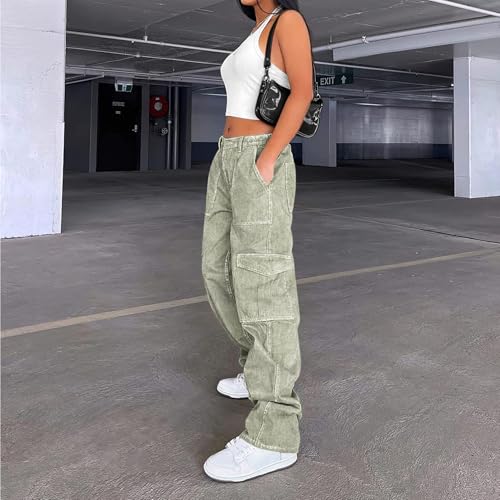 Image of Lepunuo Cargo Pants for Women High Waisted Casual Pants Baggy Stretchy Wide Leg Y2K Streetwear with 6 Pockets