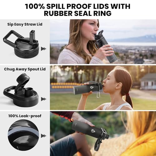 Image of RAYMYLO Insulated Water Bottle 20 oz, Triple Wall Vacuum Stainless Steel (Cold for 24Hrs, Hot for 12Hrs), Leak Proof & Non-BPA, Modern Water Bottle Jug for School with Straw Spout Lids