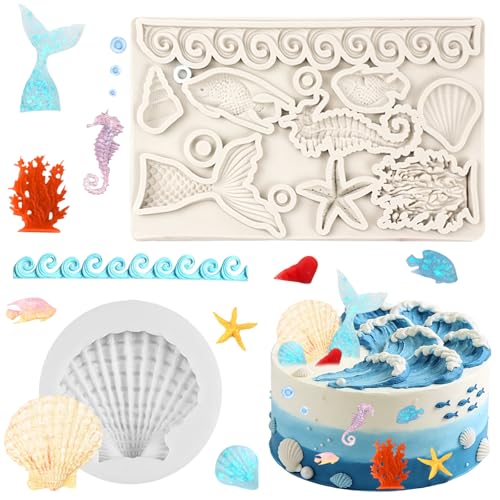 HTTDSLF 2PCS Moules à Chocolat En Silicone Sur Le Thème Marin Moule Queue de Poisson, Coquillage et Étoile de Mer Silicone pour DIY Chocolat Gâteaux...