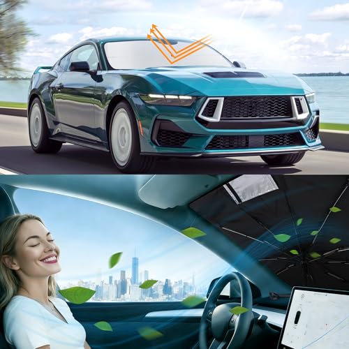 Image of Windshield Sun Shade Umbrella for 2015-2026 Fo-rd Mustang | Full covered for windshield, Block UV Rays, Heat Reduction, Easy to install, Durable & Fold Up Small