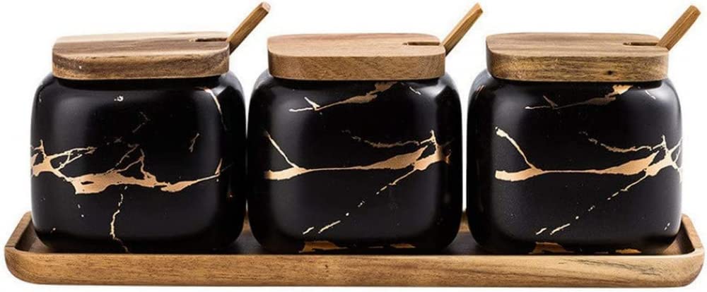 Juego de salero y azucarero, volumen aprox. 340 ml, juego con 3 azucareros de mármol con tapas y cucharas para servir, madera Tra-Black