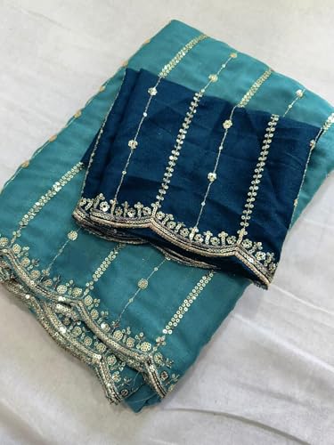 Image of SIRIL Women's Shimmer Georgette Scalloped Border Sequins Embroidery Saree with Unstitched Blouse Piece