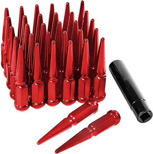 32pc Spike Lug Nut 9/16-18 Red 4.4" Tall Offroad Extended Metal Lugs Premium, 1 Socket Key Included