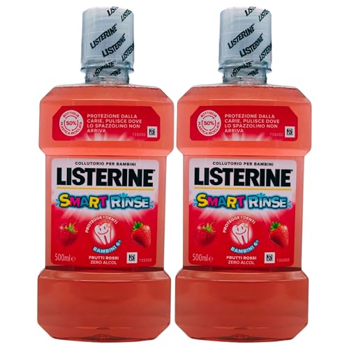 Collutorio Per Bambini 6+ SMART RINSE, Protegge i Denti. Gusto Ai Frutti Rossi, Zero Alcol. Protezione Dalle Carie, Pulisce Dove Lo Spazzolino Non Arriva 500ml (2 Flaconi)