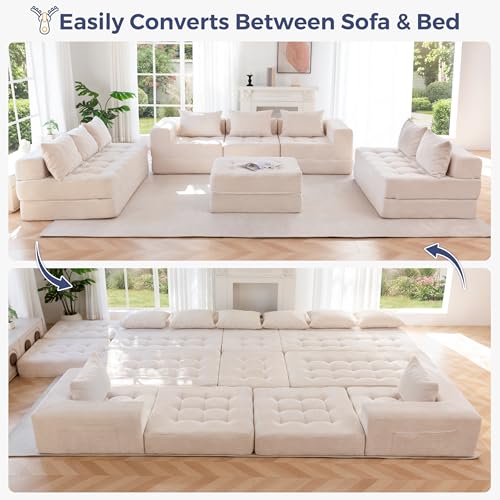 Image of MAXYOYO Modular Sectional Sofa Couch, Foldable Oversized U Shaped Cloud Couch with Pillows, Tufted Boneless Lounger Floor Sofa Bed for Living Room, No Assembly Required, Beige