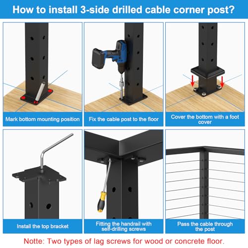Image of 36 inch Cable Railing Corner Post, Stainless Steel Flat Top Corner Post with Cable Grommets, 2 inchx2 inch 90 T-Drilled Metal Corner Post for Deck, Black Deck Cable Railing System, RG33