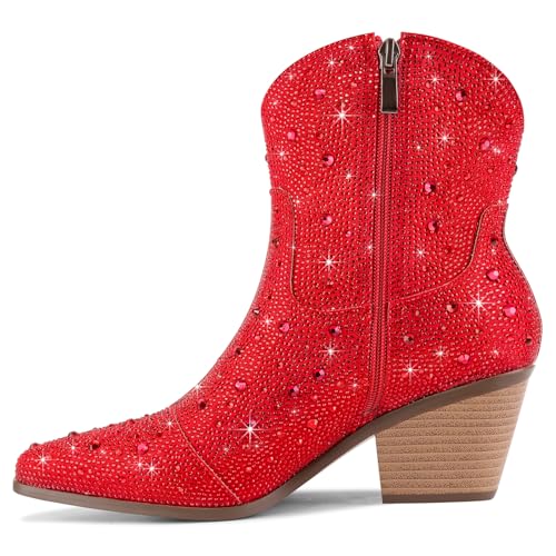 Image of Cowgirl Ankle Boots Cowboy Boots for Women Western Booties Rhinestone Chunky Heel Fashion Comfortable Side Zipper