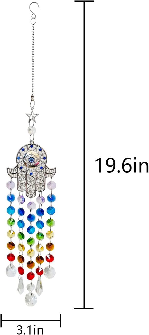 Hamsa Palm Metal Wind Chimes Evil Eye Chakra Glass Beads Wind Chimes Hand Hanging Crystal Sunglasses Decorations Rainbow Maker for Balconies, Courtyards Wall Art Decorative Gifts