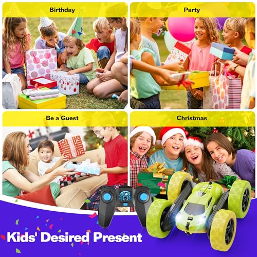 QUNREDA Remote Control Car, RC Car Toys for 6-12 Year Old Boys, Off Road RC Stunt Car 4WD 360° Rotating Remote Control Car for Kids, Boys Girls Gifts for Birthday, Christmas Yellow&Green - 2