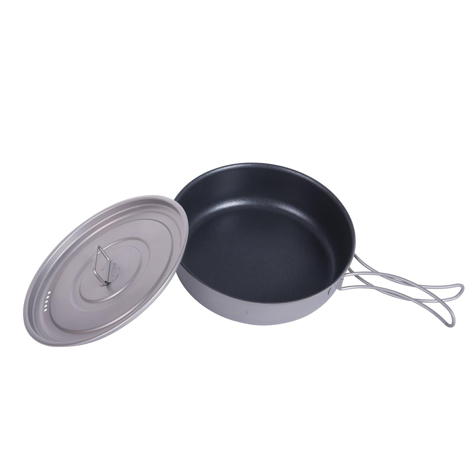 iBasingo Tytanowa nieprzywierająca patelnia z pokrywką, 19 cm, lekkie naczynia kempingowe, do wędrówek z plecakiem i wędrówek, przenośny, składany uchwyt, patelnia, zestaw do gotowania na zewnątrz