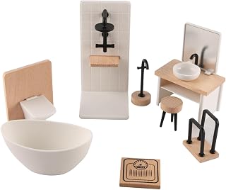 Sarini Juego de baño para casa de muñecas, Modelo de simulación en Miniatura, Inodoro, bañera, Mueble de baño de Madera con Lavabo, 1 Juego