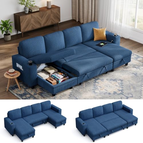 Image of LINSY HOME Modular Sectional Sofa Bed, U Shaped Sleeper Sofa Couch with Storage Chaise, Corduroy Sectional Couches for Living Room, Versatile Armrest, 4 Seats, Blue, 106 inch W x 55 inch D x 34 inch H