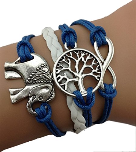 TOOPOOT Cute Handmade Charms Tree Elephant Knit Leather Rope Chain Bracelet Gift Free, Blue