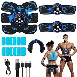 EMS Muscle Stimulator, ABS Trainer, Abdominal Muscle Toner Electronic Workout Home Fitness Device with 8 Modes, 29 Intensities, 4 Machines, 4 Patches, 12 Gel (Blue)