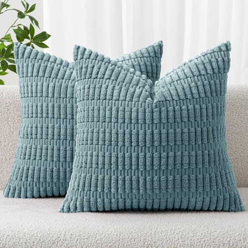 MIULEE Cushion Covers 45x45 cm Corduroy Coastal Blue Square Decorative Throw Pillow Covers 18x18 Inch Boho for Living Room Sofa Bedroom Pack of 2