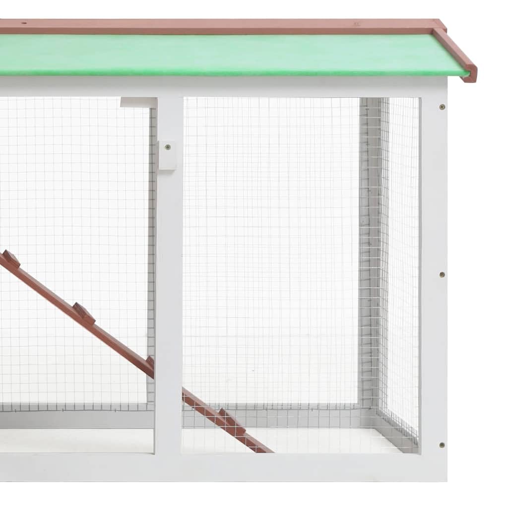 Gran conejera marrón y blanca de madera de abeto lacada 145 x 45 x 84 cm con techo bituminoso, puerta con cerradura, rampa antideslizante, resistente a la intemperie para animales pequeños