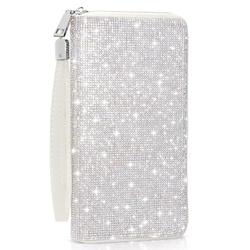 Image of MotiMind White Bling Gift Glitter Sparkly Wallet for Women Rhinestone /Pearl Wallet RFID Blocking Phone Purse Gifts for Mother's Day (Rhinestone)