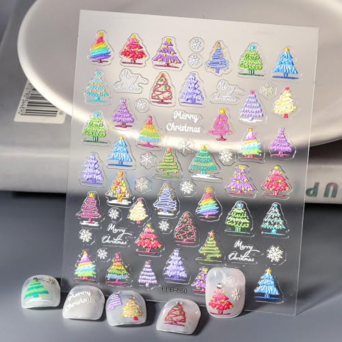 Christmas Nail Art Stickers 5D Embossed Colorful Xmas Tree Nail Stickers Self-Adhesive Snowflake Xmas Tree Nail Decals for Women Girls Winter Holiday Manicure DIY Nail Supplies