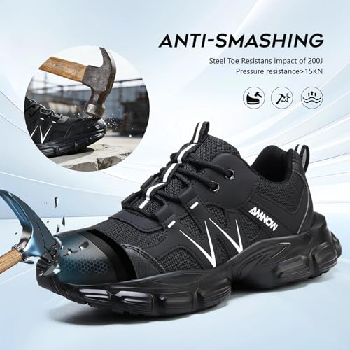 Image of Hogent Steel Toe Shoes for Women Men Wide Non Slip Work Sneakers Indestructible Shoes Lightweight Breathable Construction Sneakers Puncture Proof Ergonomic Design