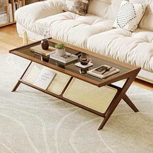 Bamworld Rattan Coffee Table with Glass Top Mid-Century Modern Center Table | with Storage for Living Room Table Brown