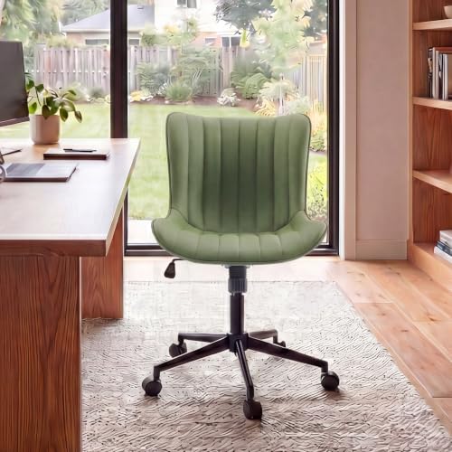 YOUNIKE Olive Green Office Desk Chair with Wheels Armless Compact Comfy Vanity Chair with Adjustable Back Modern Small Faux Leather Upholstered Swivel Cute Rolling Computer Task Chair No Arms