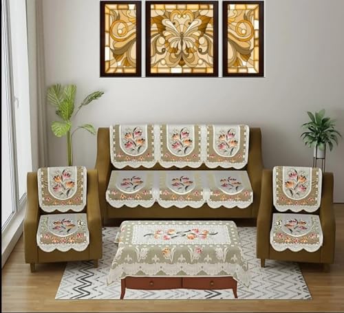 Image of Sofa Cover with Table Cover 3 Seater and 2 Seater, 5 Seater Cotton Net Panels for Home Office Living Room Sofa Couch, 3+2 Slip Cover for Furniture Protector (Beige Flower)