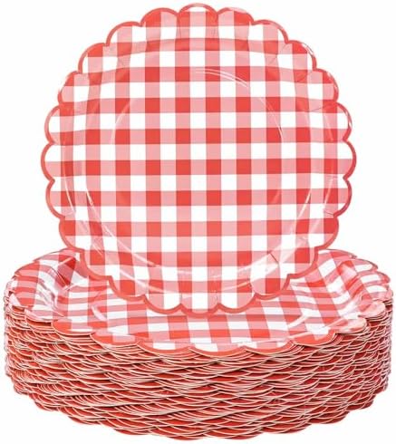 HEIPINIUYE 50 Pieces Red Gingham Paper Plates 7 Inch Red and Whit...