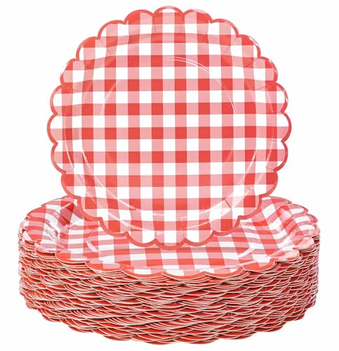 HEIPINIUYE 50 Pieces Red Gingham Paper Plates 7 Inch Red and Whit...