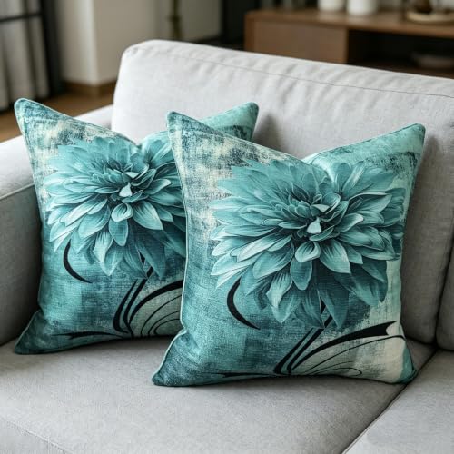 OYIMUA Soft Decorative Chenille Teal and Grey Throw Pillow Covers 18x18 Set of 2 Vintage Abstract Flower Pillow Case for Couch Sofa Bedroom Living Room Home Decor Accent Pillows