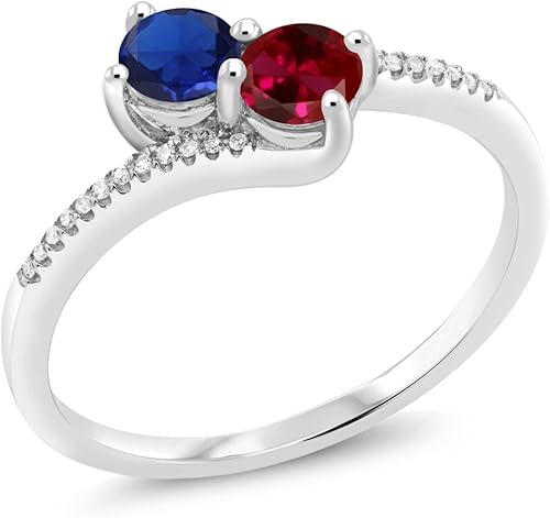 Gem Stone King 10K White Gold Forever United 2 Stone Blue Created Sapphire and Red Created Ruby and Diamond Engagement Ring For Women (0.67 Cttw,