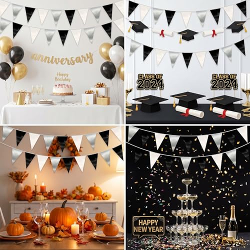 Image of 130FT Black White Silver Triangle Pennant Banner Flag Metallic Fabric Bunting Garland for Christmas Graduation Birthday Wedding Bridal Shower Nautical Ahoy Achor Theme Party Decorations Supplies