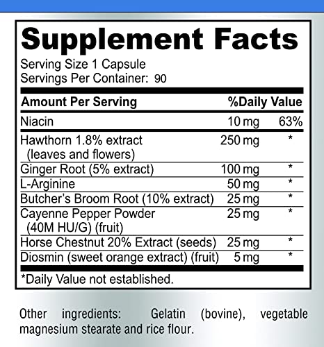 Blood Circulation Supplement - With Hawthorn, Butchers Broom, Horse Chestnut, Arginine, Diosmin, Varicose Veins Treatment For Legs, Circulation And Vein Support, Blood Flow Supplement. 90 Capsules #TOP6