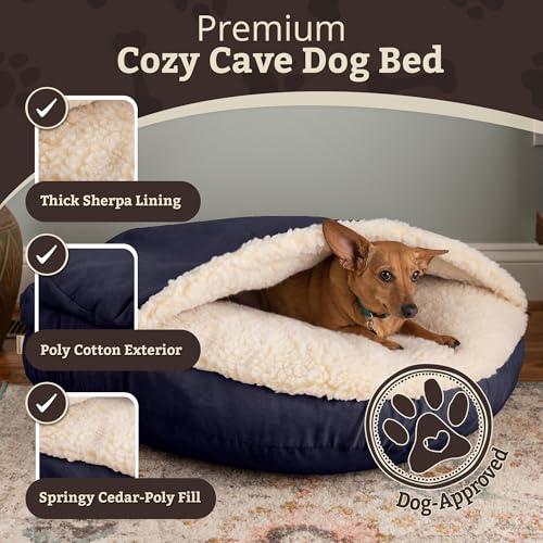 Image of Snoozer Cozy Cave Dog Bed, Round Covered Dog Bed, Navy (L)