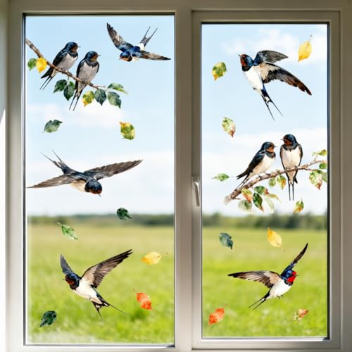 ANATTASOUL Stickers Fenetre Hirondelle et Feuilles Autocollant Fenetre Fleurs Printemps Été Appliques Réutilisables de Porte Vitre Automne Hiver Fenêtre en...