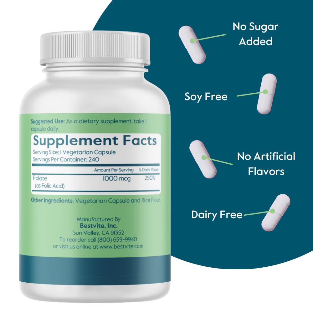 BESTVITE Folic Acid 1000mcg (Vitamin B9) (240 Veg Caps) - No Stearates — Amazon image 3