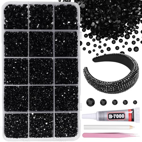 12000Pcs Black Color Rhinestones for Bedazzling 2/3/4/5/6mm Mix Sizes Jelly Bedazzling Resin Gems Black Gems Bedazzling Flatback Resin Rhinestones for DIY Face Makeup Crafts Tumblers
