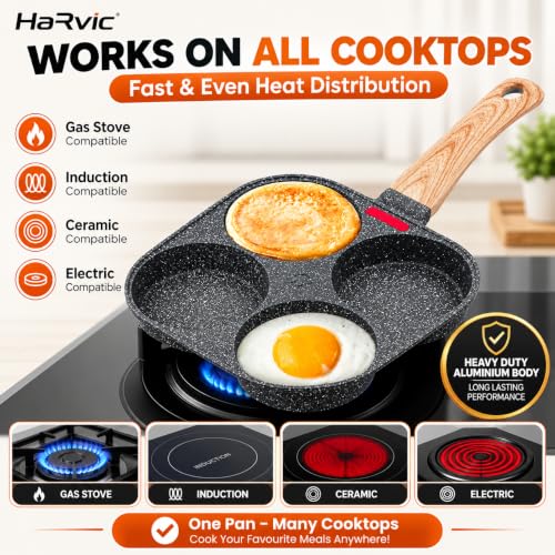 Image of 4 Cup Egg Frying Pan with Glass Lid &Wooden Handle, Non Stick Multi Section Fry Pan,4 Hole Omelette Pan, Breakfast Cooking Pan for Eggs, Pancakes, Burgers, Mini Dosa, Induction &Gas Compatible
