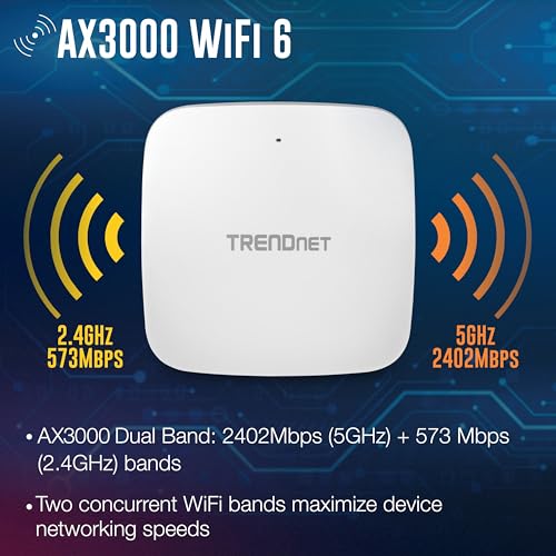 Image of TRENDnet AX3000 Dual Band WiFi 6 PoE+ Access Point, TEW-923DAP, 1 x 2.5GBASE-T PoE+ LAN Port, OFDMA and MU-MIMO Technology, 2402Mbps (5Ghz), 573Mbps (2.4Ghz), WPA3 Ecryption, White