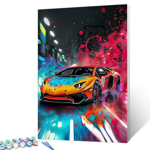 Tucocoo Gelbes Supercar Malen nach Zahlen für Erwachsene, Kinder und Anfänger, Cooles Lamborghini DIY, einfaches...