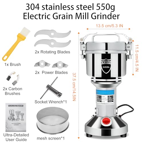 2000W Electric Grain Mill Grinder, 550g High Capacity Stainless Steel Pulverizer, Heavy Duty Spice & Herb Grinder for Dry Ingredients, 50-300 Mesh Powder Machine for Home & Commercial Use